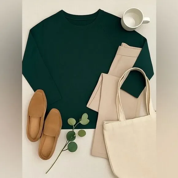 Eileen Fisher Green Raglan Sleeve Top Minimalist Organic Cotton Blend Medium - Picture 9 of 13